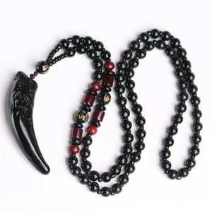 Natural Stone Black Obsidian Pendant Necklace Wolf